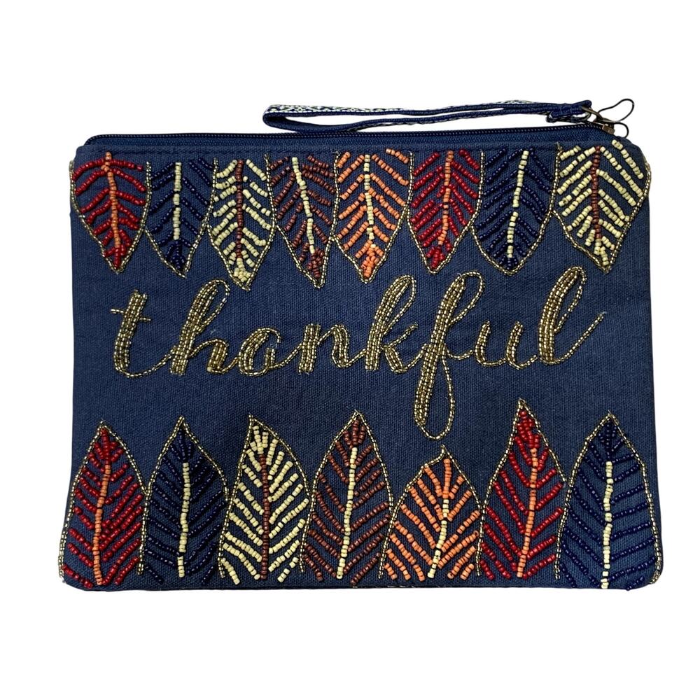America and Beyond THANKFUL Beaded Bag Blue Leaves Charm NWT